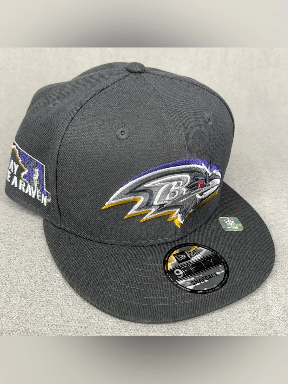 New Era Baltimore Ravens Hat 9Fifty Snapback NFL Draft Day Graphite Side Patch